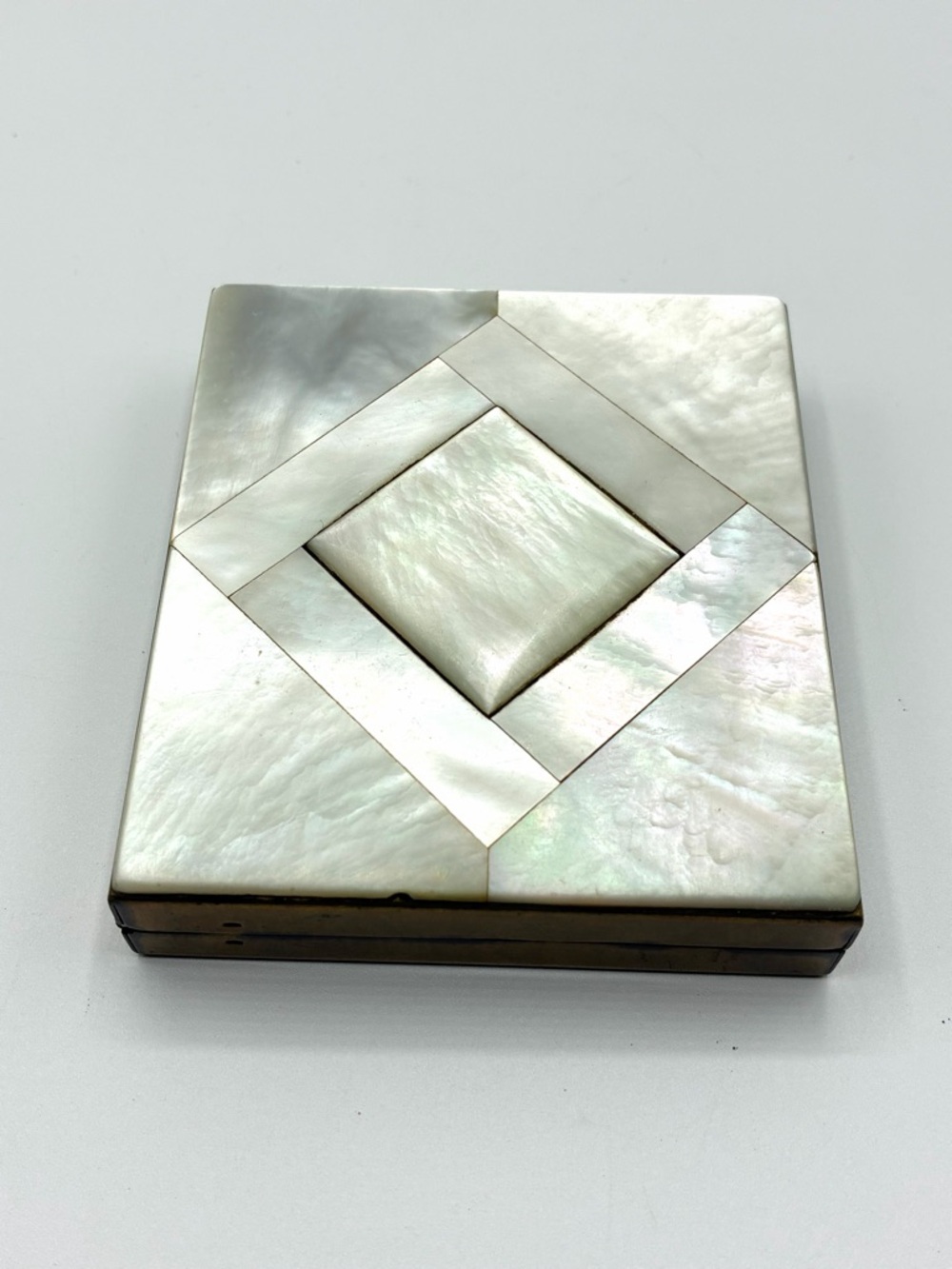 Vintage Mother of Pearl Brass Cigarette Case Compact Art Deco Style - Picture 1 of 11